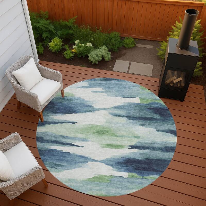 Machine Washable Indoor/ Outdoor Abstract Watercolor Chantille Rug - Blue - 8' x 8'