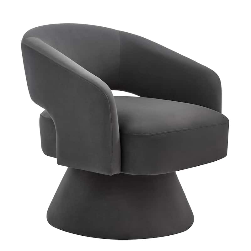 Dark Gray Modern 27.5" Upholstered 360° Swivel Barrel Chair with Open Backrest and Solid Wood Frame