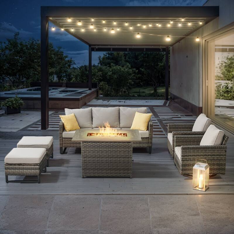 Gymojoy Outdoor Fire Pit Conversation Set, Patio Furniture with Cushions - 6 PCS -  Sofa & Swivel Chair & Ottomans & Fire Pit - Grey Wicker / Beige Cusion