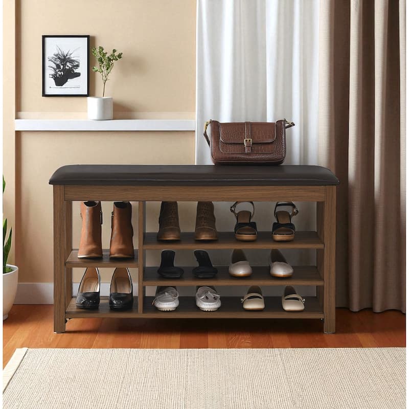 Height-Adjustable Rubberwood Shoe Bench, 39.5" Entryway Bench with Cushion, Concealed Storage & 3-Tier Shoe Rack - Brown