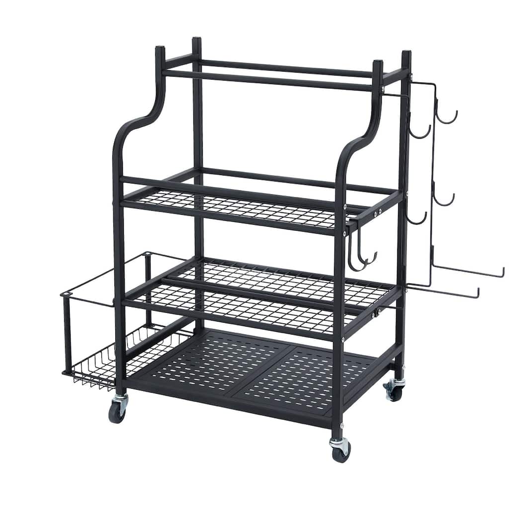 Black Steel Gym Rack with Wheels, 3-Tier Organizer for Equipment Organizer - 41” L x 16” W x 35” H
