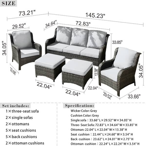 dimension image slide 2 of 3, Ovios PE Rattan Wicker 5-piece Patio Furniture Set