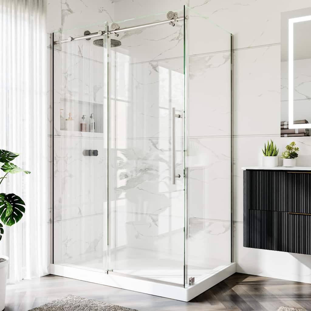 48x72" Frameless Sliding Shower Door with 34" Return Panel, 8mm Tempered Glass, Brushed Nickel or Matte Black Hardware