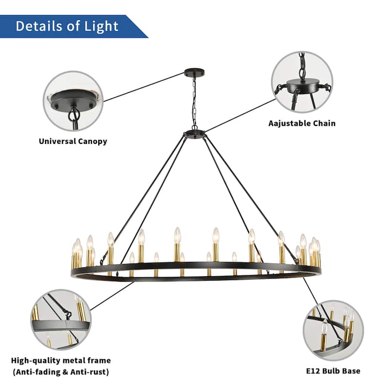24-Light Modern Farmhouse Light Wagon Wheel Chandelier 54 Inch.