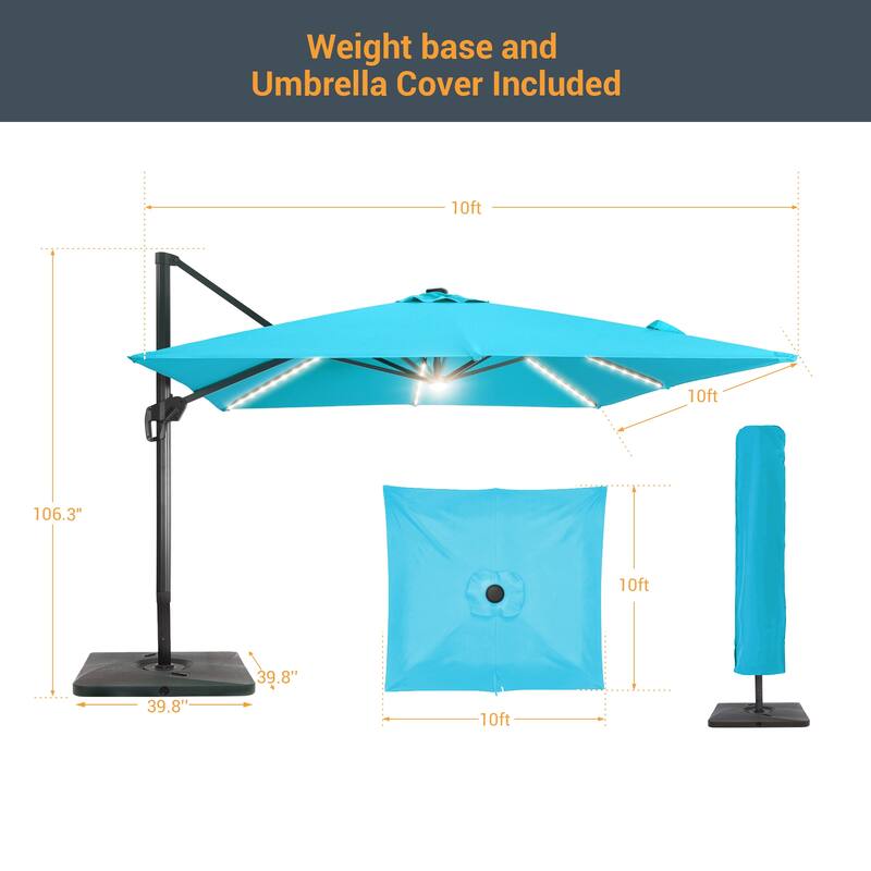 LIVOOSUN Patio10x10FT LED Aluminum Cantilever Umbrella Solution-Dyed Fabric w/Base