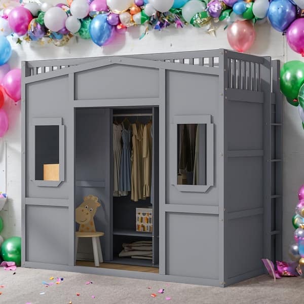 slide 2 of 10, Twin Size House Loft Bed With Ladder and Wardrobe, Stability, Grey Grey