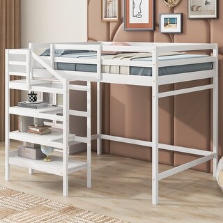 Full Loft Bed with Built-in Storage Staircase and Hanger for Clothes, White