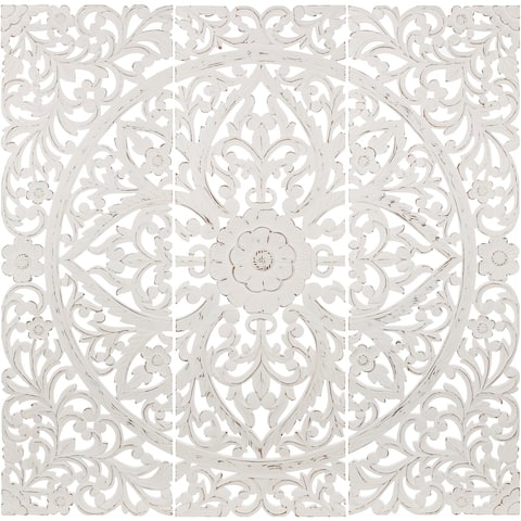 Luzie Floral Hand Carved Antique White Wooden 48x48-inch 3-Panel Wall Art
