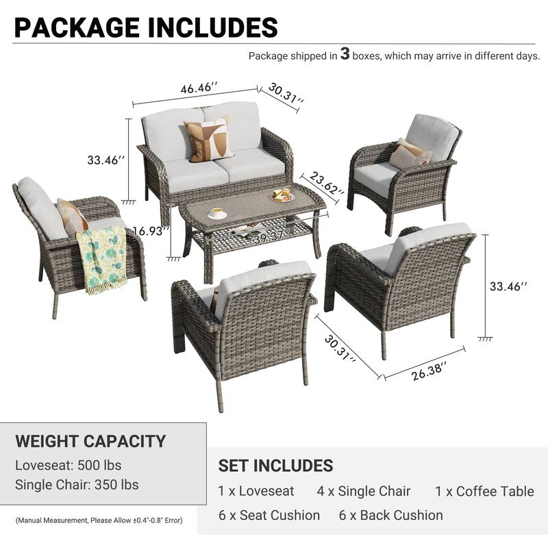 XIZZI 6-Piece Outdoor Wicker Patio Furniture Chairs Set with Coffee Table