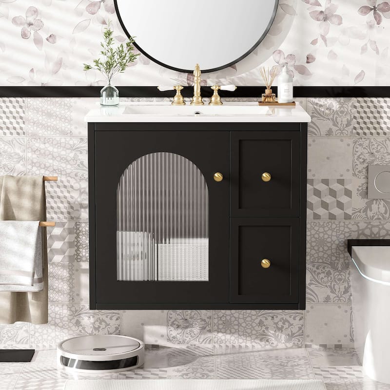 24-inch Wall Mount Bathroom Cabinet with Ceramic Sink, 2 Drawers