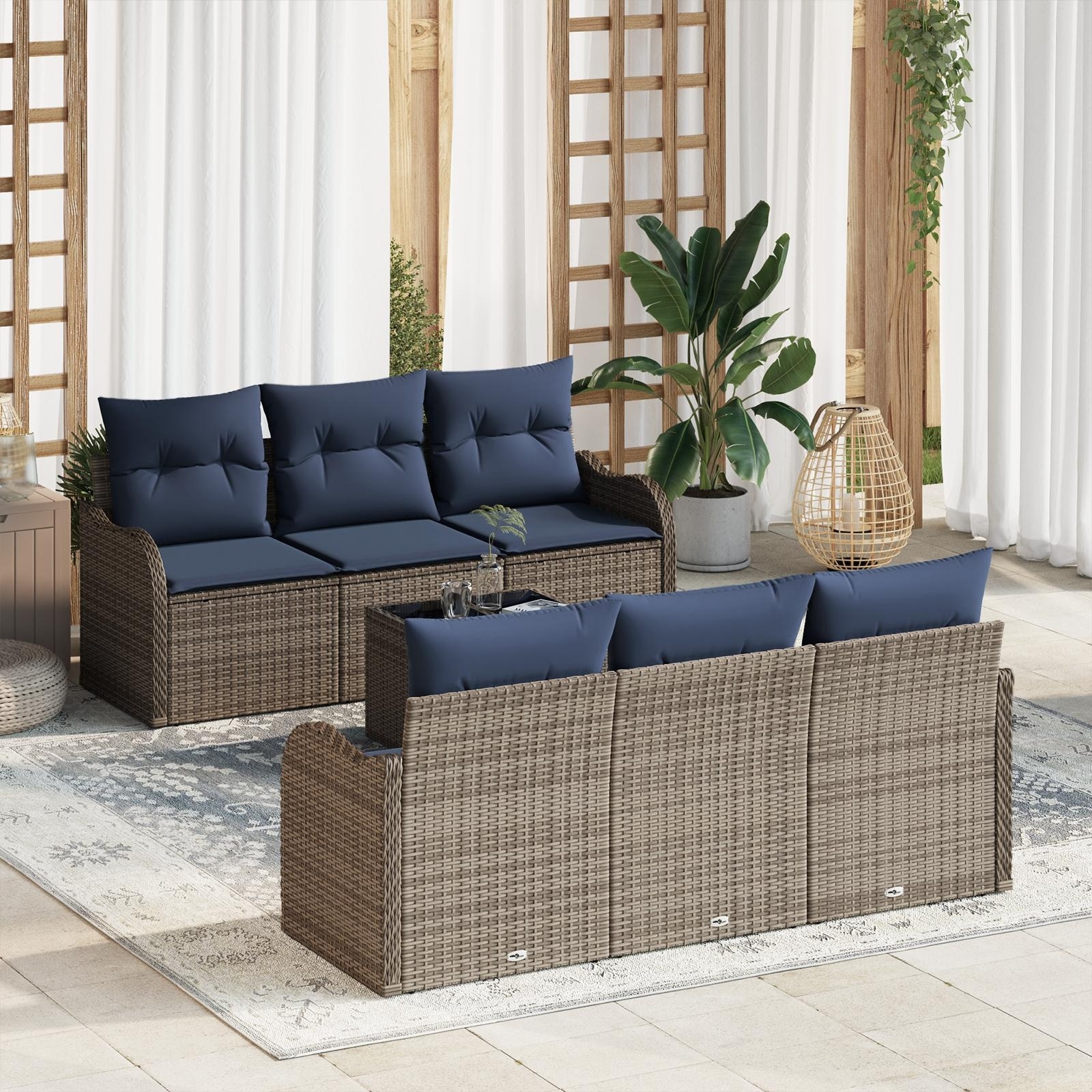 vidaXL 7 Garden Sofa Set with Cushions Black/Brown/Grey Poly Rattan - 69.3 x 24.4 x 27.2