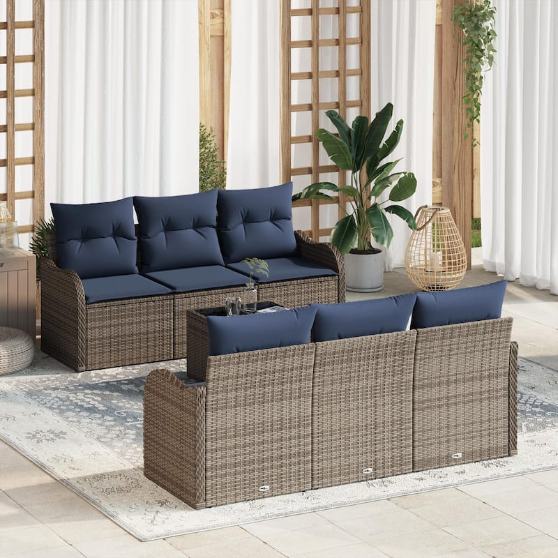vidaXL 7 Garden Sofa Set with Cushions Black/Brown/Grey Poly Rattan - 69.3 x 24.4 x 27.2 - Grey