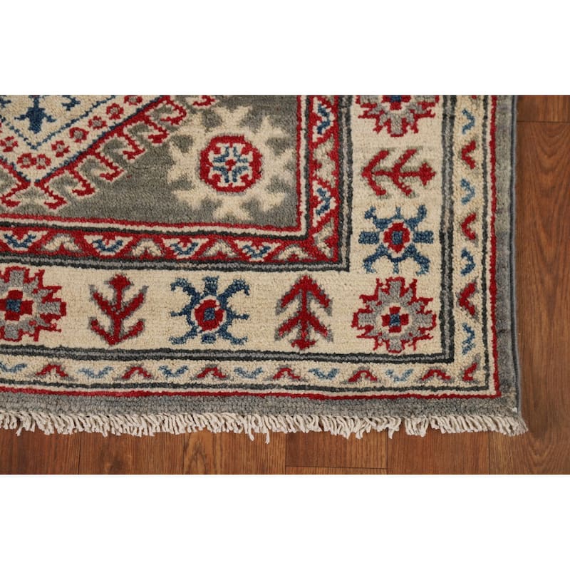 Gray Geometric Kazak Runner Rug Handmade Wool Carpet - 2'9" x 16'5"
