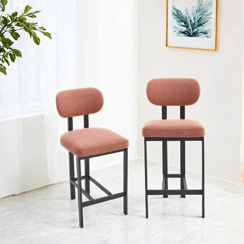 Set of 2 26 inch Modern Bar Stools Upholstered Fabric Counter Height Barstools with Black Metal Legs - Orange