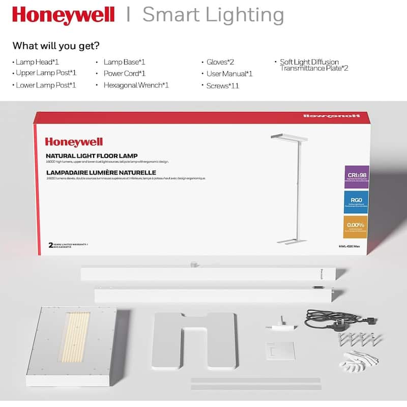 Honeywell LED Sunturalux Eye Protection Living Room Floor Lamp 16000LM 4000K Natural Daylight Dimmable Reading Lights - White