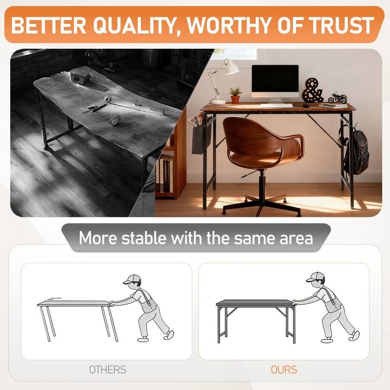 47.2” Computer Desk for Home Office - Study Writing Desk with Storage, Side Hooks & Adjustable Feet