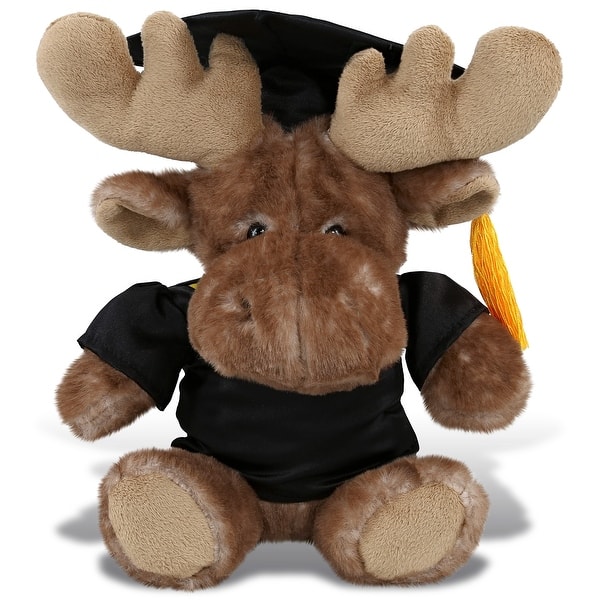 slide 2 of 6, DolliBu Brown Sitting Moose Graduation Plush Toy with Gown and Cap - 7.5 inches