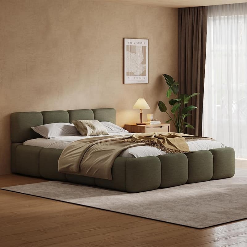 Christopher Knight Home Evelyn Platform Bed with Boucle Upholstery and Thick Block-Style Headboard - Green - Queen