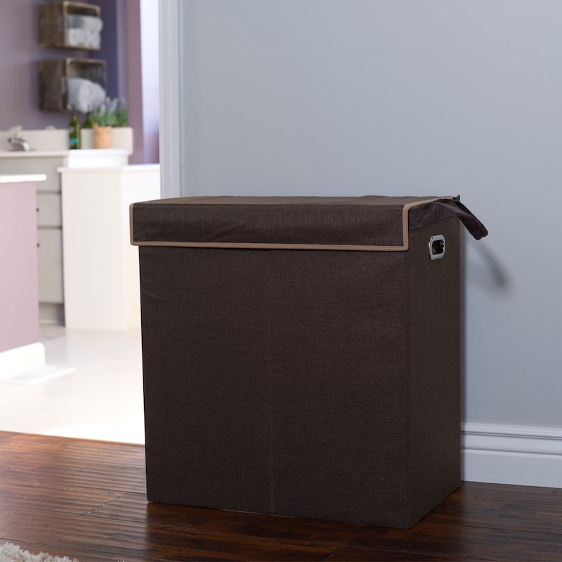 Household Essentials Double Hamper Laundry Sorter with Magnetic Lid, Brown Coffee Linen - 14.0"L x 24.0"W x 26.0"H