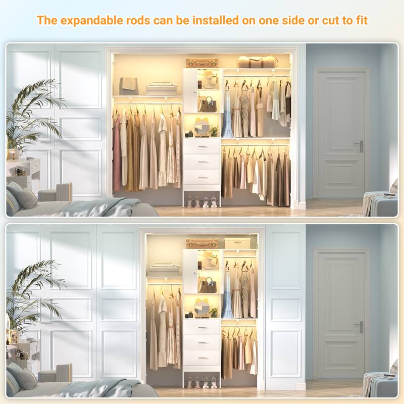 20''-96'' Wide Wooden Closet Organizer With Doors, Adjustable Closet System with Drawers and Hanging Rods