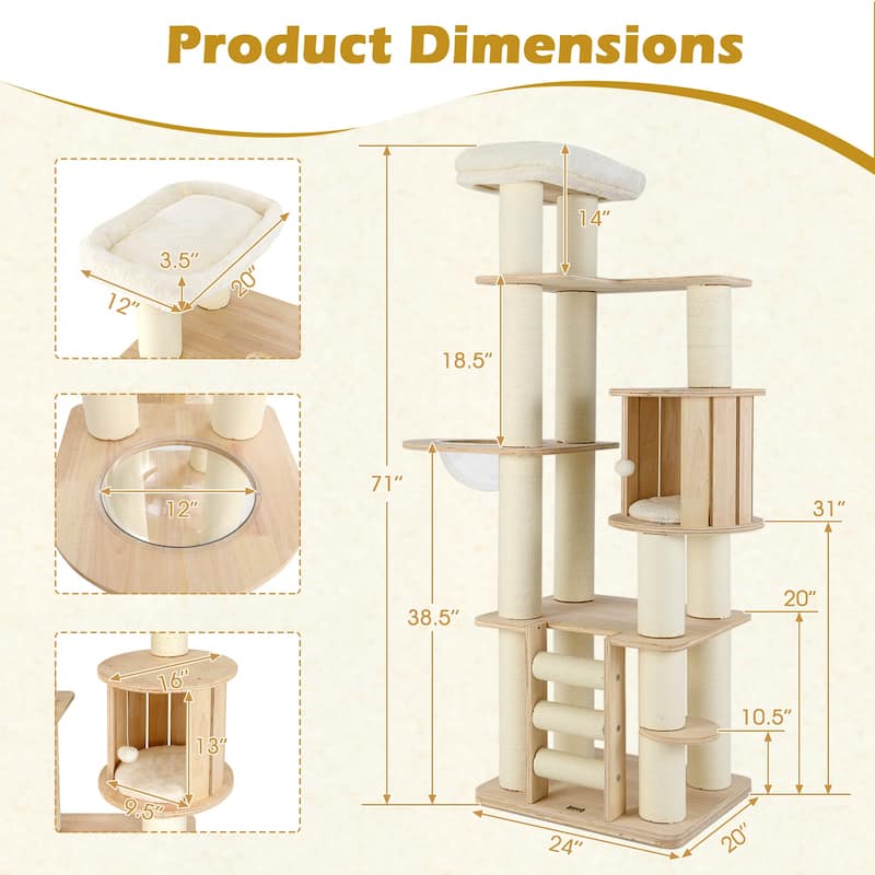71 Inch Tall Wooden Cat Tree Tower with Cozy Perch Condo Space Capsule - 24" x 20" x 71"