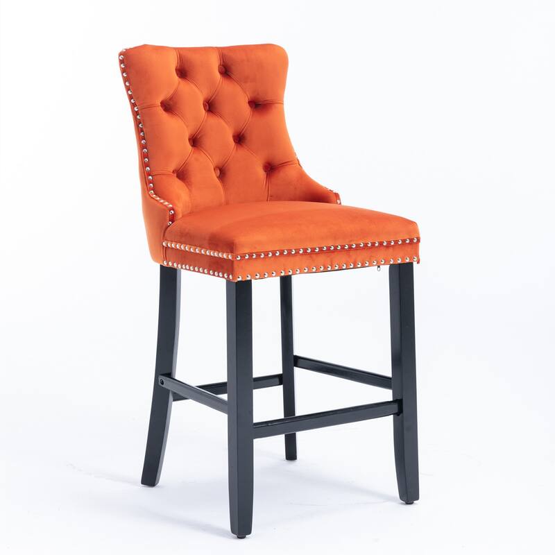Modern Velvet Upholstered Barstools Bar Chairs with Button Tufted Decoration,Wooden Legs,Chrome Nailhead Trim, Set of 2