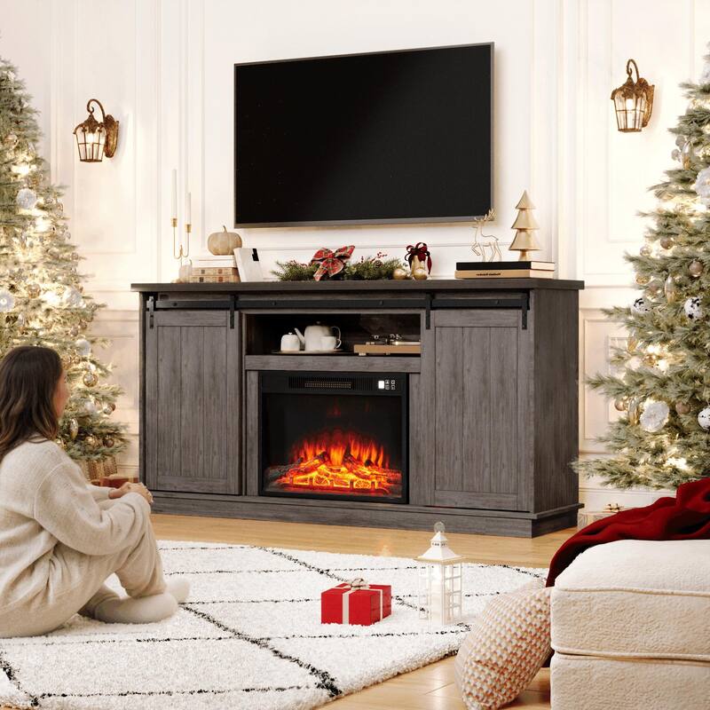 63" Farmhouse Fireplace TV Stand with Sliding Barn Door, Accommodates TVs Up to 65", Featuring Storage and Adjustable Shelves
