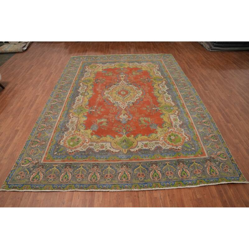Hand Knotted Oriental 100% Wool Carpet Traditional Floral Oranges & Rust Tabriz Area Rug - 13' 2'' X 9' 9''