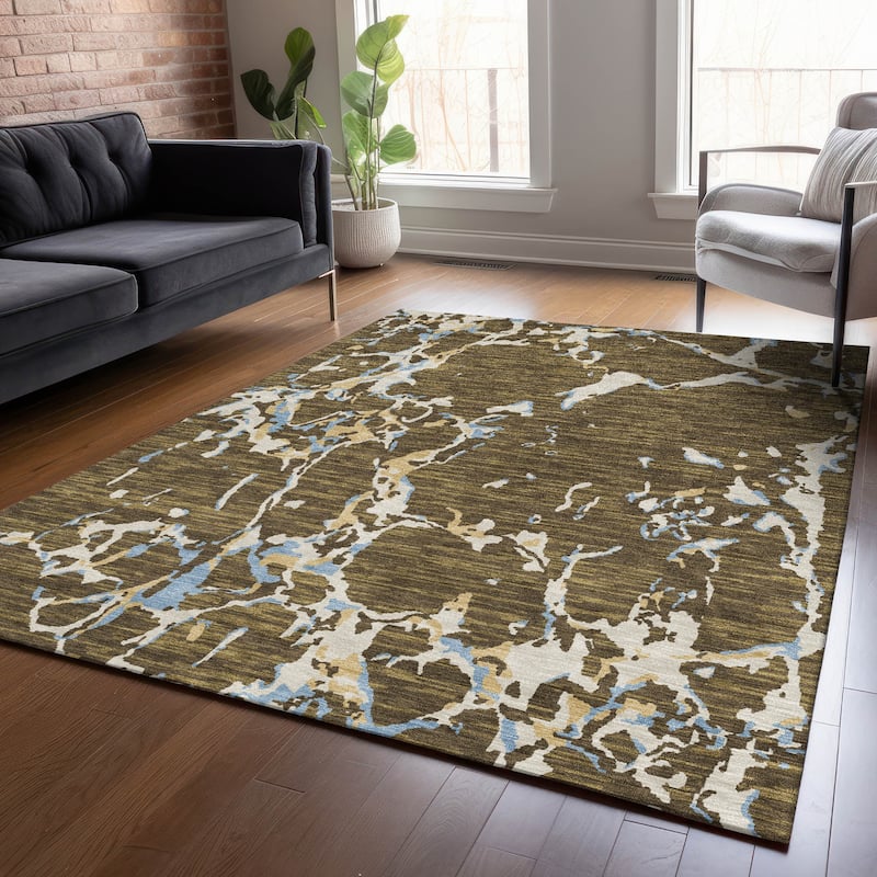 Machine Washable Indoor/ Outdoor Abstract Camo Chantille Rug - Coffee - 5' x 7'6"