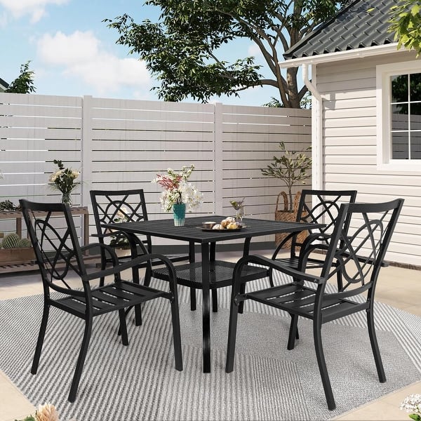 slide 2 of 14, SUNCROWN Outdoor Patio 5/7 Piece Steel Dining Sets Metal Slatted Table and Stackable Chairs Powder Coated Frame 5-Piece