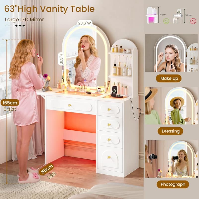 Vanity Desk with Large Mirror and LED Lights 5 Drawers Shelves Glass Top