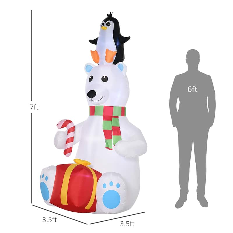 Outsunny 7ft Christmas Inflatable Polar Bear with Penguin on Head with Candy Cane and Gift Box, Blow-Up Outdoor LED Yard