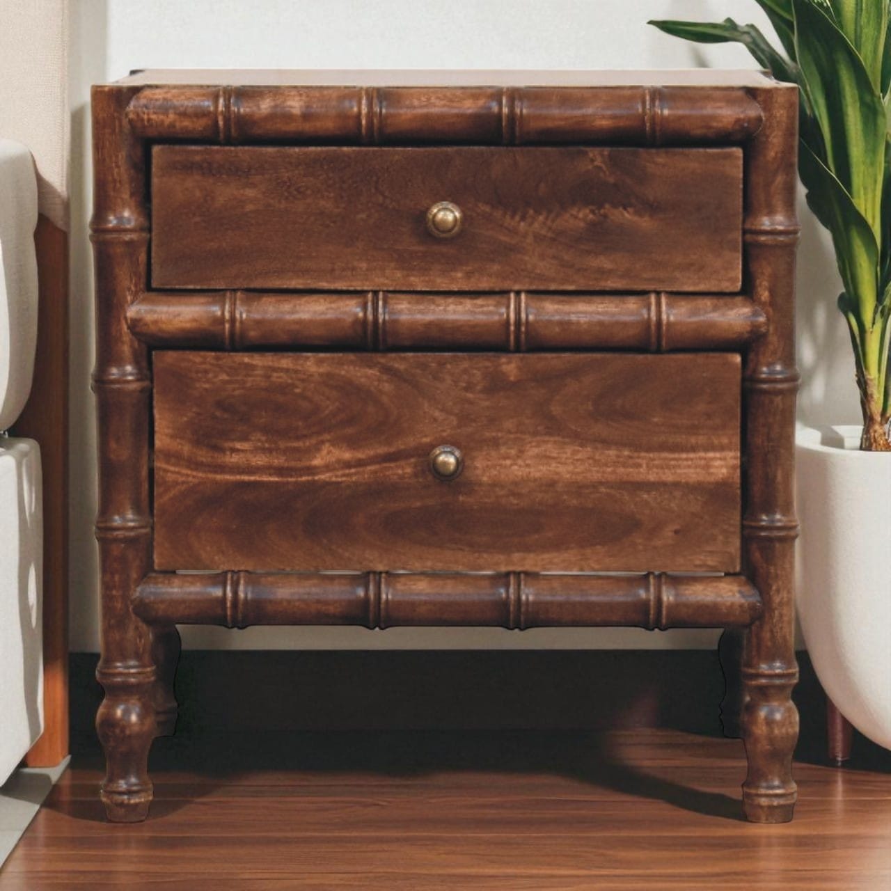 Artisan Furniture Solid Wood Bamboo Frame Nightstand in Roasted Almond