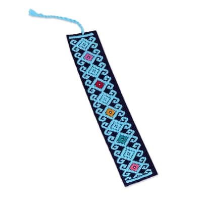 Handmade Scrolling Diamonds In Blue Cotton Bookmark (Mexico) - 7.75" L x 1.2" W