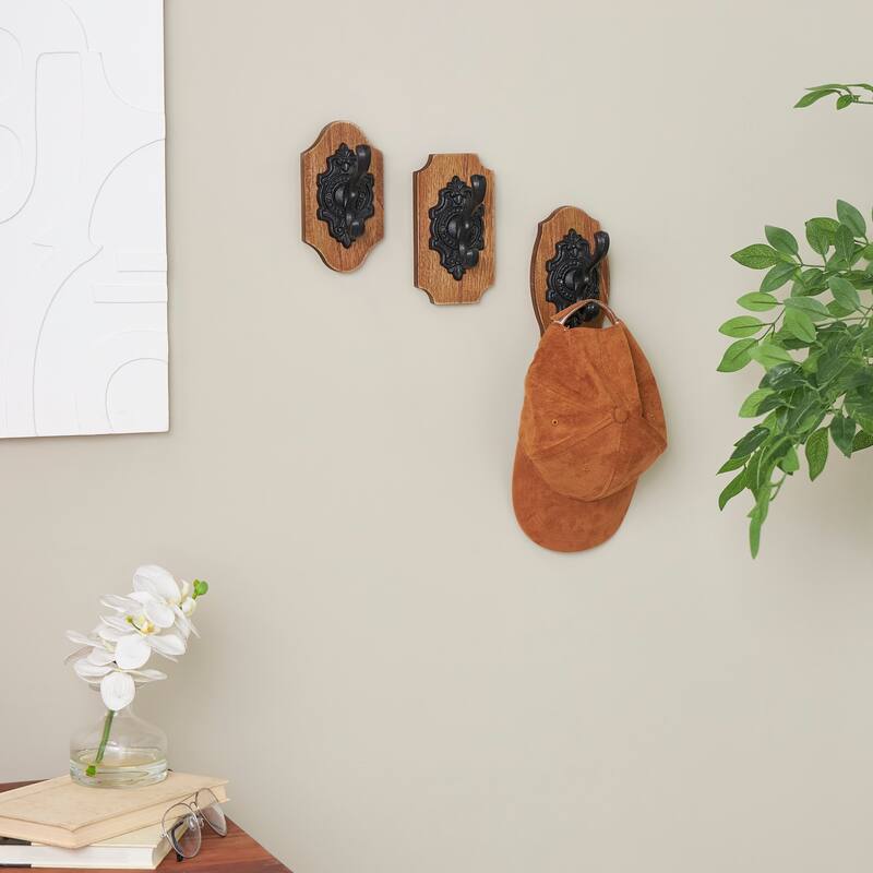 Brown Wooden Vintage Inspired Wall Hook with Black Beaded Frames and Varying Geometric Shapes (Set of 3 or 4) - Brown - Set of 3 - 4"W, 6"H