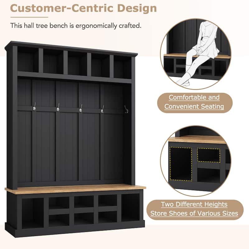 Hall Tree Storage Cabinet with 4 Hidden Hooks, Bench, and Open Compartments