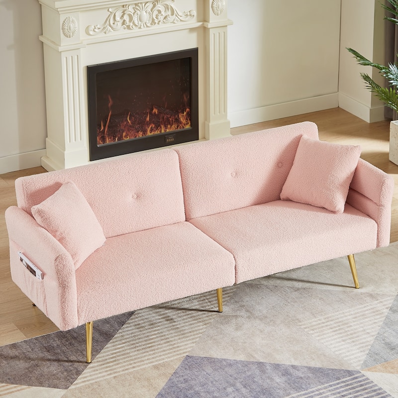 Upholstered Accent Loveseat Sofa With Side Pocket,Folding Sleeper Sofa Bed With Foldable Armrest