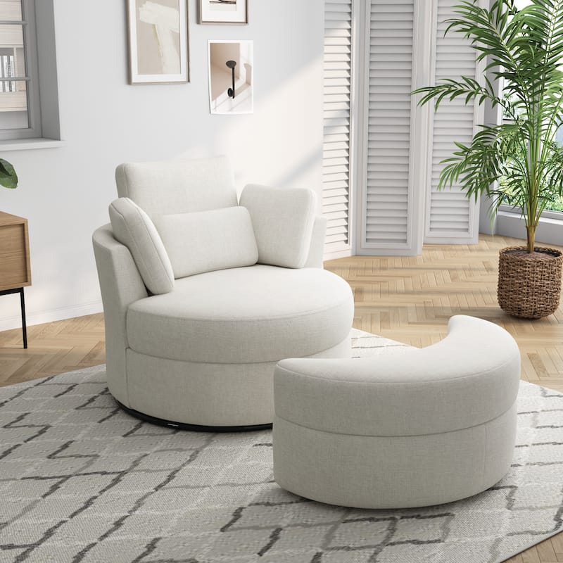Upholstered Swivel Accent Chair with Wooden Tray Storage Ottoman