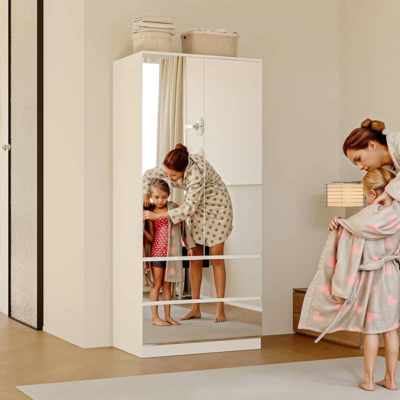 Modern Mirrored Wardrobe Armoire with Hanging Rod White Bedroom Storage Cabinet, Freestanding Closet Organizer