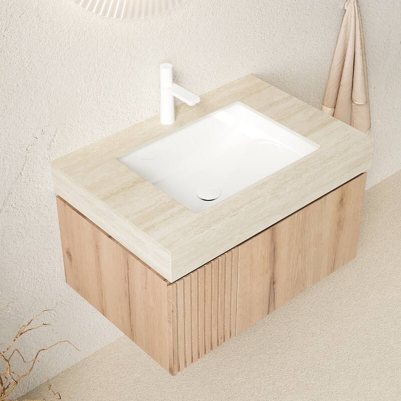 GDFStudio - Muri 30" Floating Bathroom Vanity with Travertine-Pattern Sintered Stone Countertop & Basin, WITHOUT Faucet