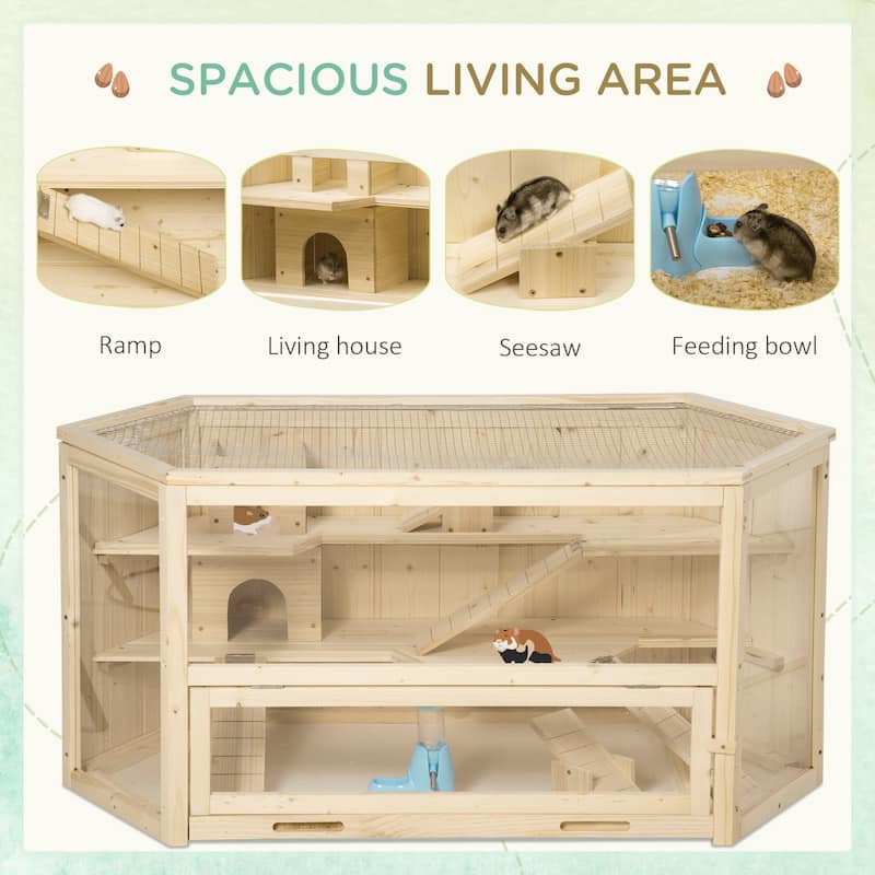 Large 3-Tier Hamster Cage with Clear Walls and Solid Wood Frame Toys and Hideouts for Small Pets - 45.25" L x 23.5" W x 21.75" H