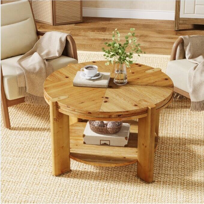 31.5" Round Solid Wood Coffee Table with Storage Shelf for Living Room