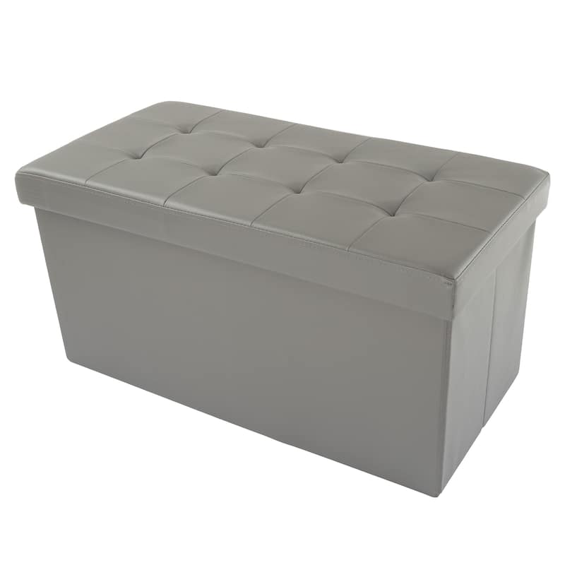 Large Foldable Storage Bench Ottoman- Tufted Faux Leather Cube Organizer Furniture by Lavish Home - 30 x 15 x 15 - Pewter Gray