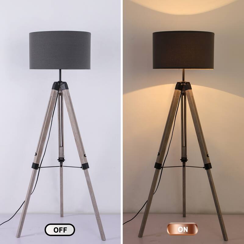 58 in. Modern Tripod Floor Lamp with Rubberwood Base and Linen KD Lampshade, Adjustable Height for Bedroom, Living Room