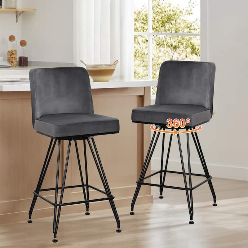 26" Leather/Velvet Swivel Counter Height Bar Stools - 38.2"H x 17.7"W x 19.1"D - Set of 2 - Velvet Grey