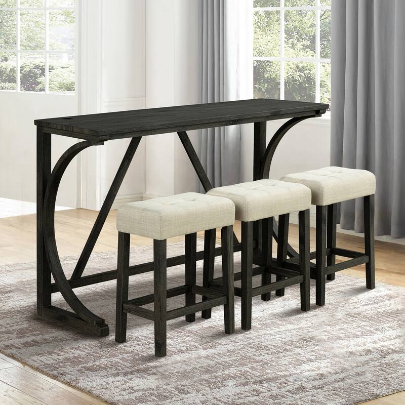 Brown Kitchen Counter Height Dining Table Set with 3 Upholstered Stools