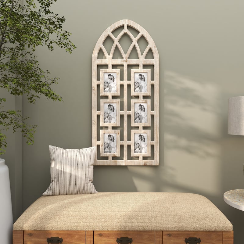 Wooden 6 Slot Wall Photo Frame with Window Arch Shape - Light Brown - Roche River Decor