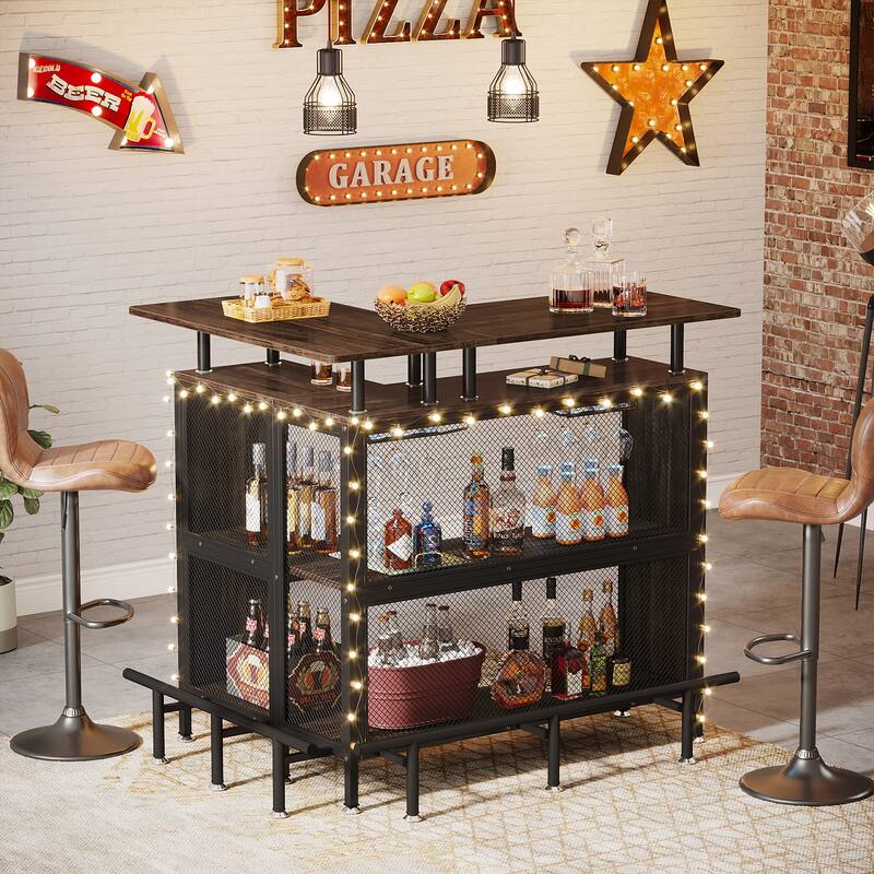L-shape Home Bar Unit, Liquor Bar Table with 2-Tier Storage - N/A