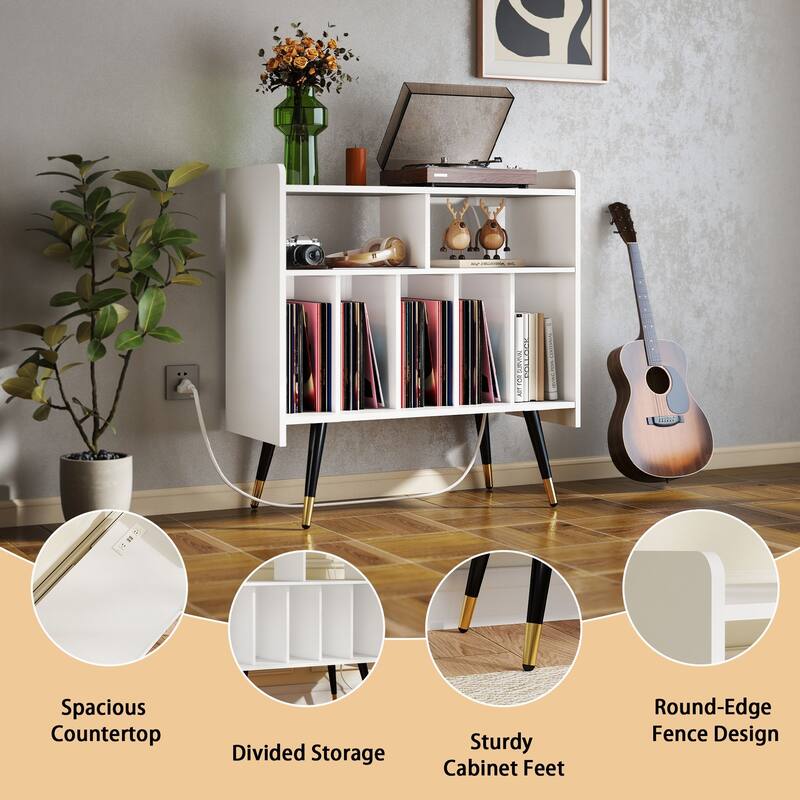 Retro Vinyl Stand with Charging Hub, Record Player Stand with Power Outlet and USB Ports