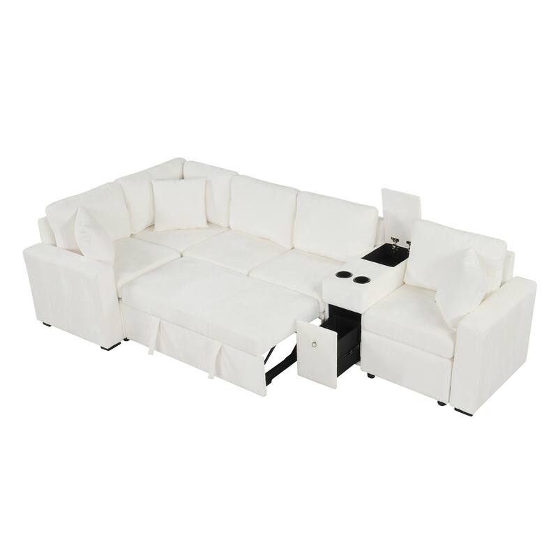 120.5" Chenille L-Shaped Convertible Sofa Bed with Pull-Out Bed, Storage Ottoman & Cup Holders